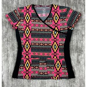 Divine Stretch Scrub Top Women XS Pink Southwestern Aztec Mock Wrap V-Neck Short